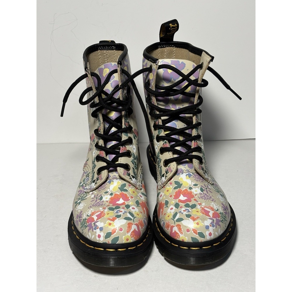 Dr. Martens Floral Lace-Up Combat Boots in Cream and Black - Picture 3 of 9